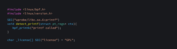 An eBPF program that uses user probes to trace the printf function present in `glibc (the standard GNU C Library)`