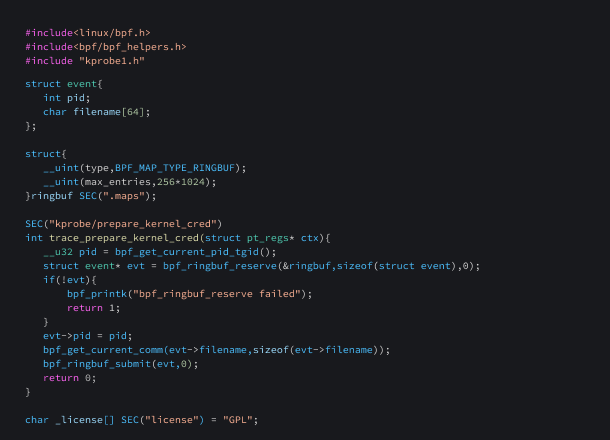An eBPF program that uses kernel probes to trace a kernel function